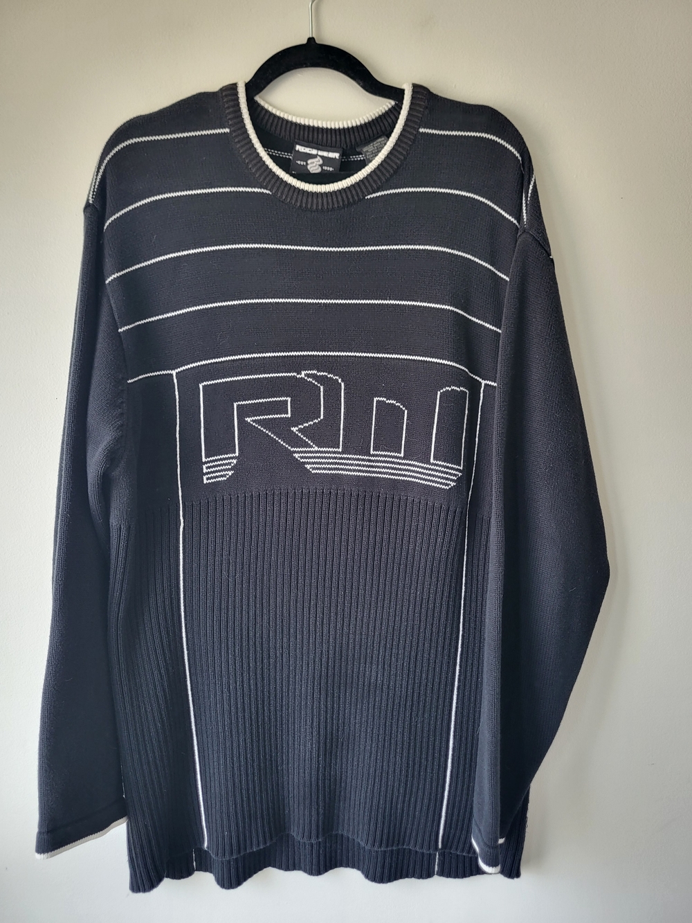 Vintage Rocawear Black Crew Neck Knit Sweater with White Stripe Logo